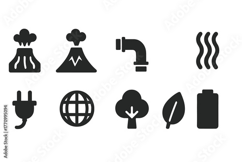 Nature and industry solid icon set. Environment, energy, sustainability icons collection.