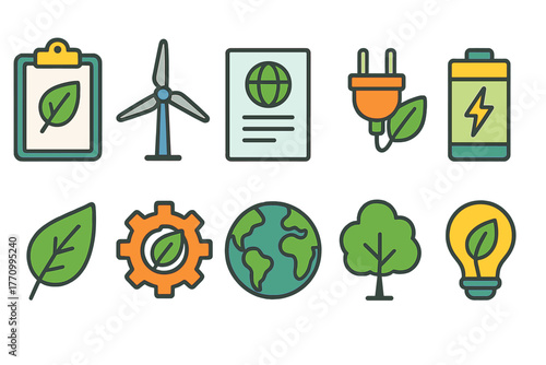 Eco-friendly energy icon set. Sustainable, renewable resources outline collection