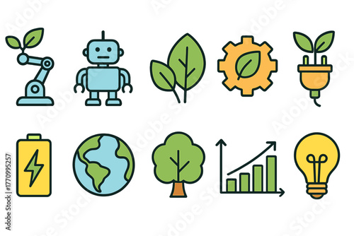 Eco, robotics flat icon set. Environment, technology, innovation icons flat collection