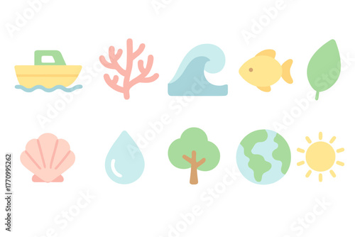 Marine life flat icon set. Ocean, nature, water symbols collection.