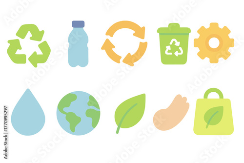 Recycling and environmental flat icon set. Sustainability, waste management icons collection.
