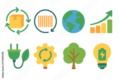 Eco-friendly, sustainability flat icon set. Green energy, recycling icons flat collection