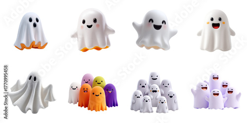 Halloween ghost isolated 3d mockup without background in cute animation style.
