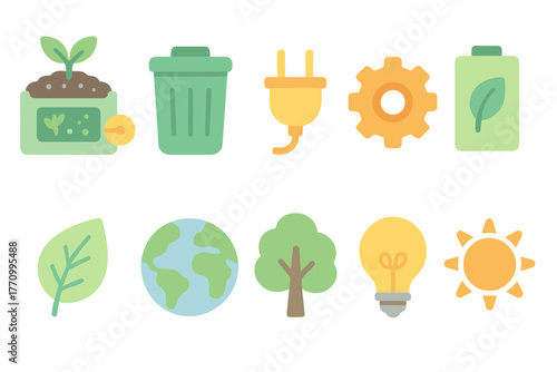 Eco-friendly, nature flat icon set. Sustainable, green energy, recycling icons