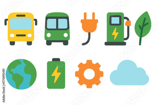 Eco-friendly energy and transport flat icon set for sustainable concepts design
