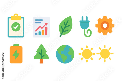 Sustainability and environmental icon set. Eco-friendly, green energy icons in flat style