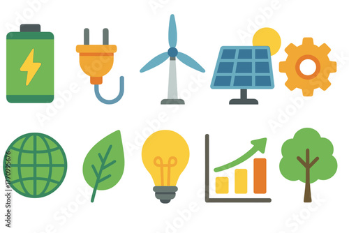 Renewable energy flat icon set: solar, wind, eco friendly power resources