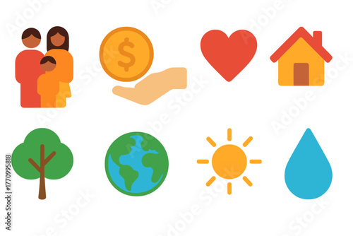 Family, finance flat icon set. Heart, home, environment icons flat collection