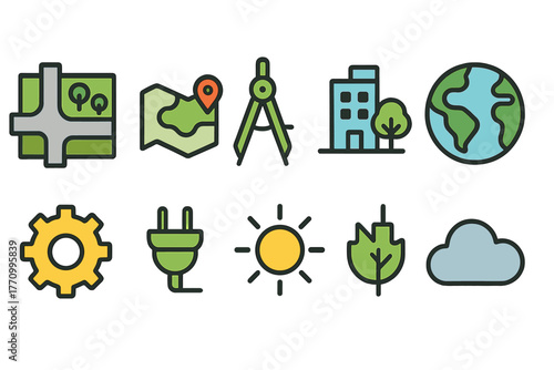 Map and geography flat icon set for navigation, nature, and environment