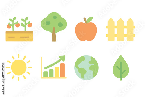 Agriculture and nature flat icon set. Farming, environment, garden icons collection