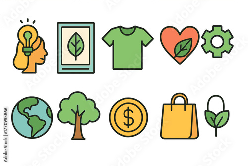 Eco-friendly flat icon set: sustainability, nature, green living, environment visuals