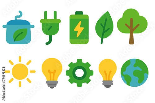 Sustainability, eco-friendly flat icon set. Green energy, nature conservation icons