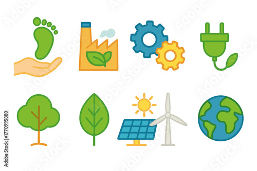 Eco-friendly energy and nature icon set. Sustainable, renewable resources flat collection