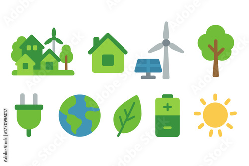 Eco, green energy flat icon set. Sustainable, renewable resources icons collection