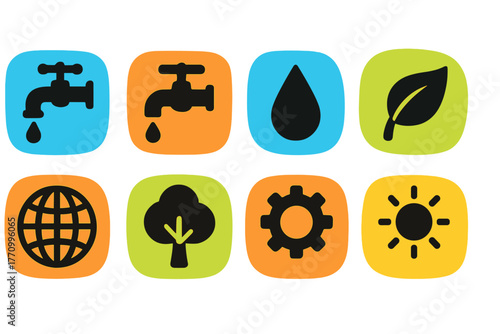 Sustainability and environment solid icon set. Eco-friendly, nature conservation icons.