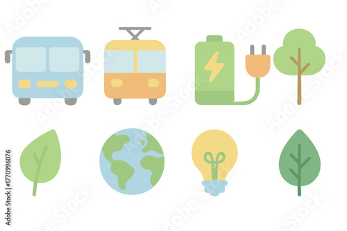 “Eco-friendly, sustainability flat icon set. Transport, energy, environment icons collection.”
