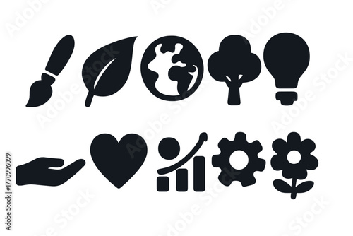 Sustainability, ecology solid icon set. Environment, nature conservation icons solid collection