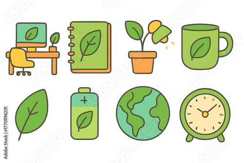 Eco-friendly office icon set. Green, nature-themed work icons in line style