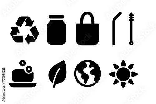 Eco-friendly, sustainable living solid icon set for green lifestyle initiatives