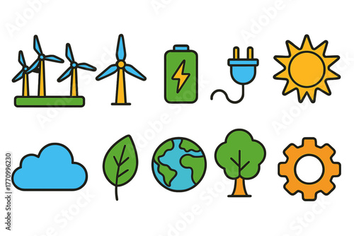 Eco-friendly energy icon set. Renewable, sustainable outline icons collection