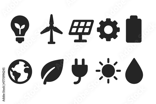 Energy and ecology solid icon set. Renewable, sustainable icons for clean energy.