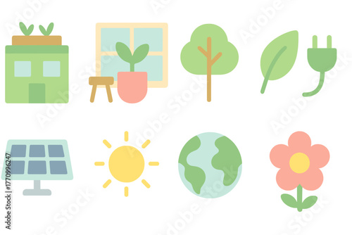 Eco-friendly flat icon set. Green energy, sustainable living, nature icons collection