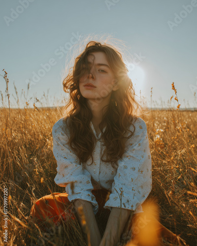 young woman in sunny meadow at golden hour 