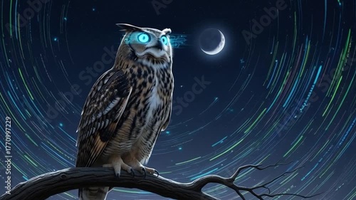 Futuristic owl with glowing blue eyes gazes at crescent moon amidst swirling starry night sky, symbolizing wisdom and advanced technology