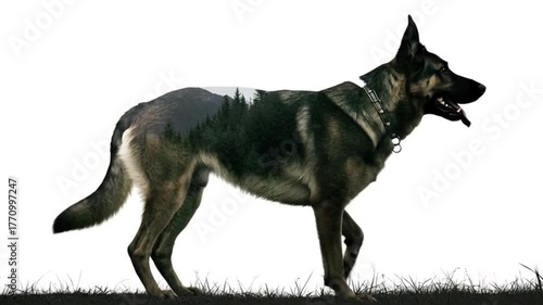 Majestic German Shepherd silhouette layered with a lush evergreen forest scene evoking strength nature and loyalty in a dynamic visual concept
