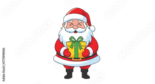 Santa Claus holds a gift with a ribbon and bow for Christmas.