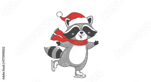 A cartoon raccoon wearing a Santa hat and scarf ice skates.