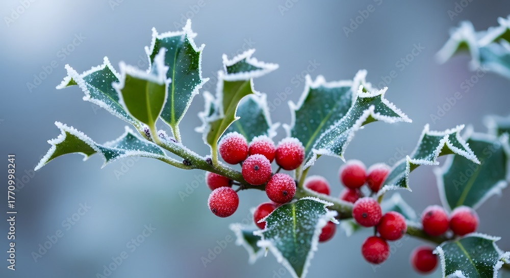 Obraz premium Close-up of a holly branch with vibrant red berries and frosted green leaves against a soft, blurred winter background, showcasing the delicate ice crystals.