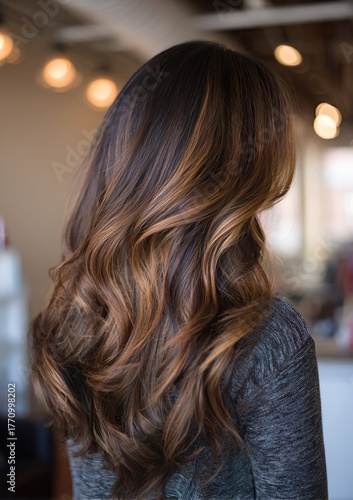A woman with brown hair and bold bronze highlights around her face, dressed in fall clothes, is pictured sitting in the salon.