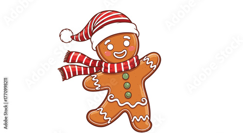 A happy gingerbread man wearing a Santa hat and scarf dances joyfully.