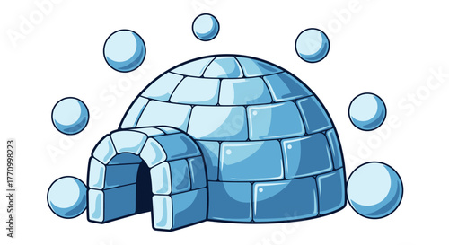An igloo constructed from ice blocks with snowballs floating around it.