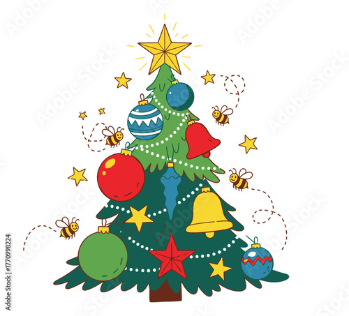 A decorated Christmas tree with festive ornaments and buzzing bees around it.