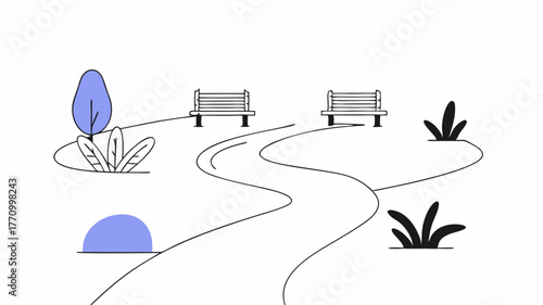 A peaceful meditation garden adjacent to the center featuring a path winding through lush greenery benches for quiet reflection and soothing water features.