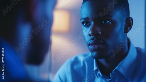 Young Black Man Looks at Reflection in Mirror, Contemplating Deeply Under Blue Light