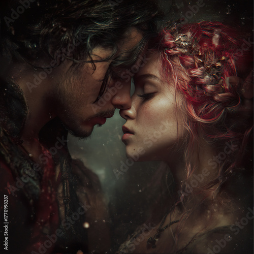 An intimate shot of a couple with their foreheads almost touching in a passionate moment. A man with a passionate gaze and a woman with a vibrant red ombre hair adorned with flowers and vines.