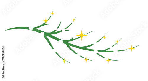 A green branch with small yellow stars sparkles against a white background.