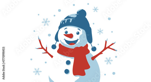 A smiling snowman wearing a blue hat and red scarf in a snowfall