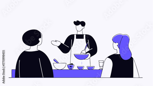 A cooking demonstration where a chef is explaining healthy meal preparation to an attentive audience with samples being shared and cooking tips exchanged.