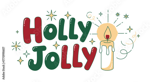 The words Holly Jolly are written in a festive font next to a lit candle with a warm glow.