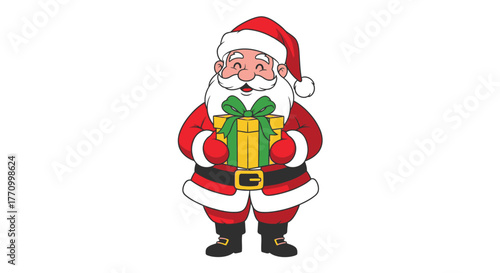 Santa Claus holding a brightly wrapped gift with a green ribbon.