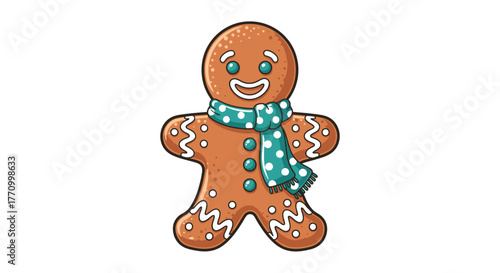 A cheerful gingerbread man wearing a festive scarf stands against a white background.