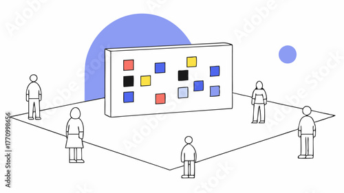 An art installation made from recycled materials prominently displayed in the square with visitors admiring and learning about its purpose.