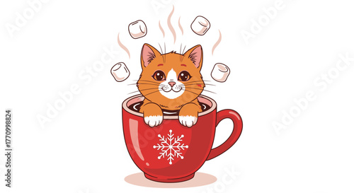 A cute orange cat peeks out of a mug of hot chocolate with marshmallows.