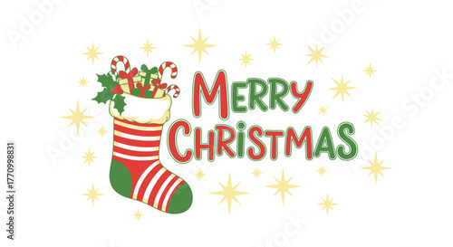 A festive Christmas stocking is filled with candy canes and presents, wishing everyone a merry Christmas.