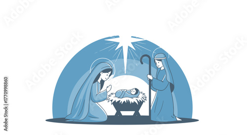 A serene illustration depicts the Nativity scene with Mary, Joseph, and baby Jesus under a starry sky.