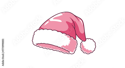 A festive pink Santa hat with a white fluffy trim and pom-pom sits isolated on a white background.